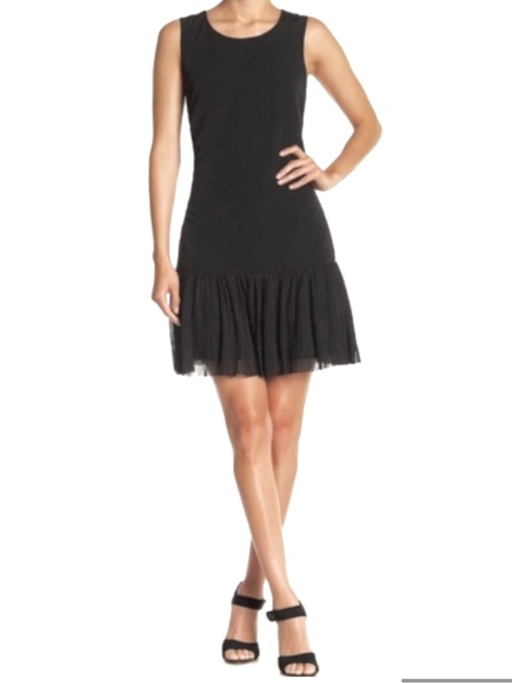 Sandro Replay Dress Short Black Sleeveless Tank Pleated Ruffle Trim drop waist 2